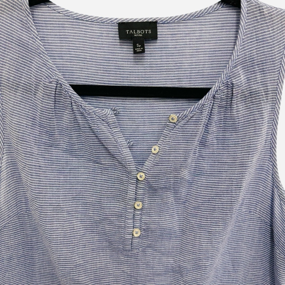 Talbots blue white striped top with embroidery and scalloped hem spring summer - Picture 3 of 11